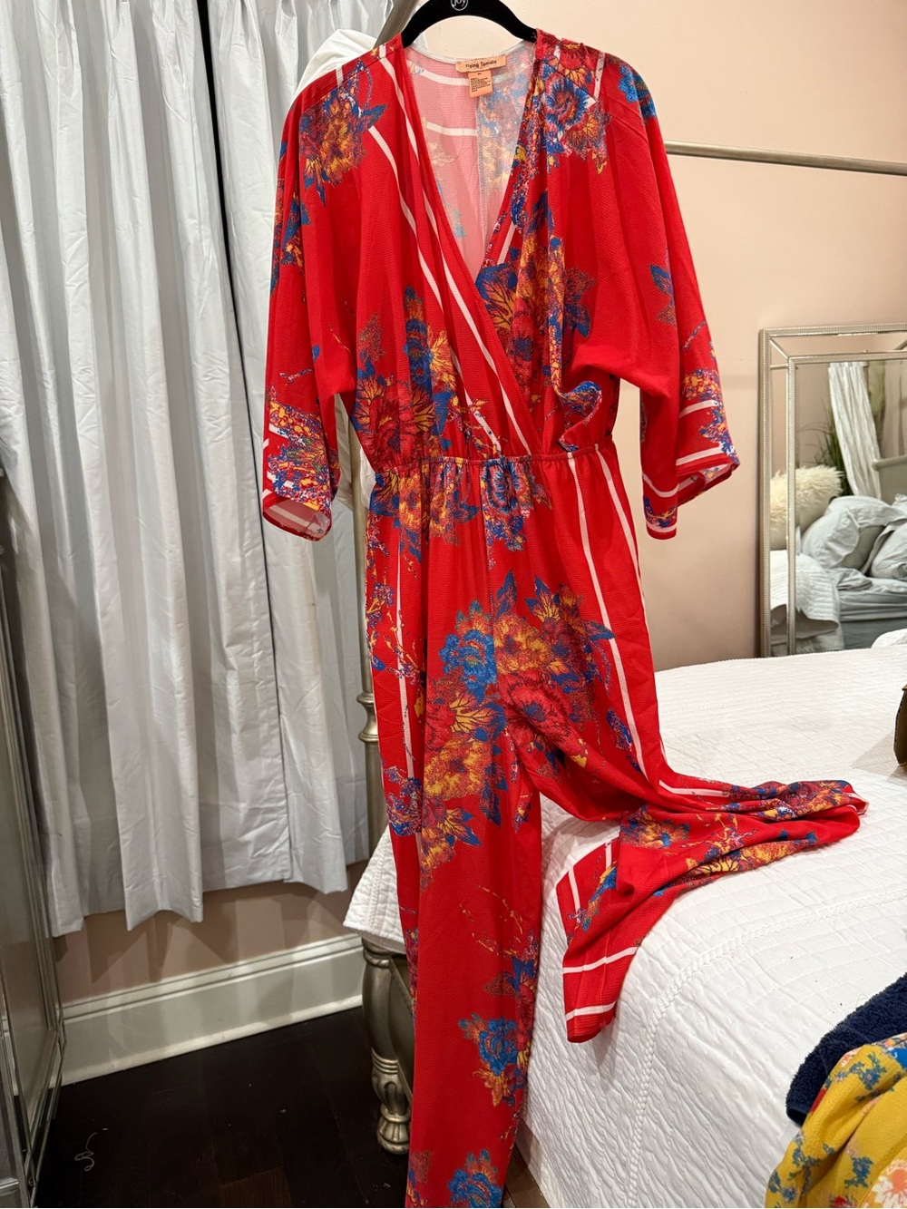 Flying Tomato Red Floral Wrap Jumpsuit